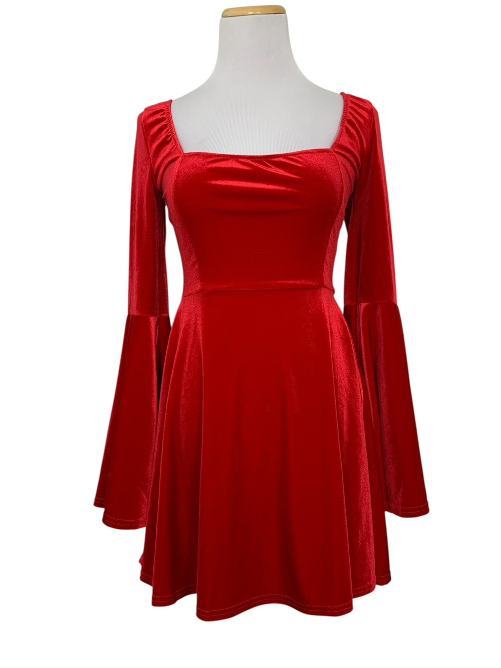 NWT Dolls Kill Sugar Thrillz Bright Velour Bell Sleeve Mini Dress Womens S Red